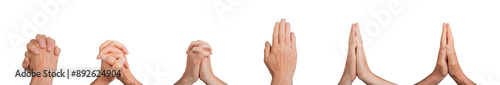 Intertwined entwined fingers set, clasped gestures, hand together, sign isolated on white background, set..