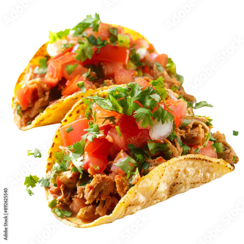 Delicious Tacos with Meat, Tomato, and Cilantro Isolated Without Background.