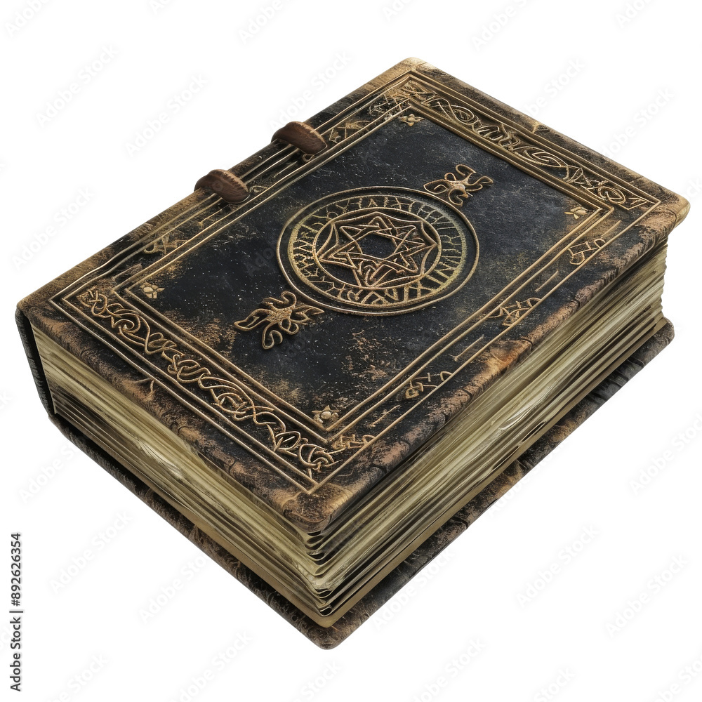 Fototapeta premium Isolated Old Spell Book with Intricate Designs and Leather Cover.