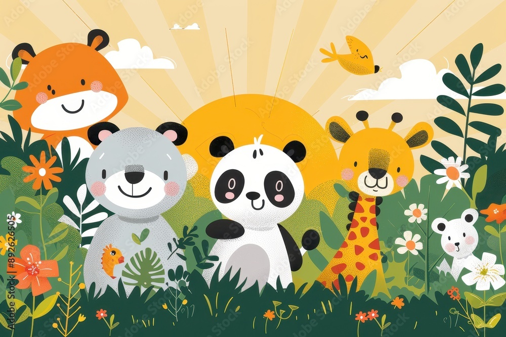 Fototapeta premium Cute Animal Friends in a Sunny Meadow