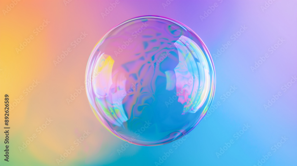 Iridescent Single Soap Bubble on Gradient Background: Close-Up of Floating Air Bubble with Rainbow Colors and Light Reflections - Minimalistic Gradient Pastel Background with Copy Space Iridescent Single Soap Bubble on Gradient Background: Close-Up of Floating Air Bubble with Rainbow Colors and Light Reflections - Minimalistic Gradient Pastel Background with Copy Space