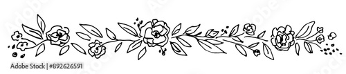 Floral long garland border. Flowers roses, peonies, leaves and twigs, banner. Simple hand drawn vector illustration with black outline. Sketch in ink.