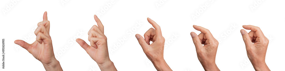 Showing size with hand gesture, small to large. finger movements, measuring. Isolated on white background.
