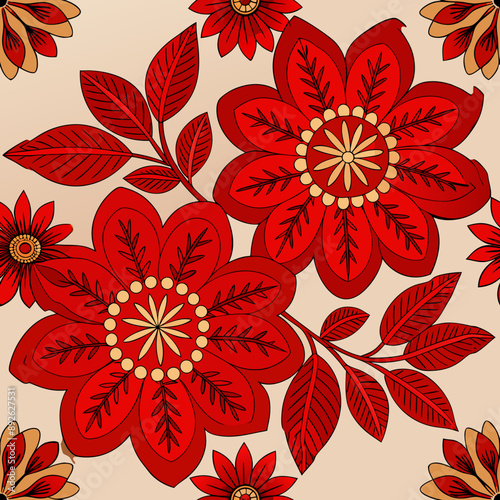 Embroidered red flowers. Vector concept