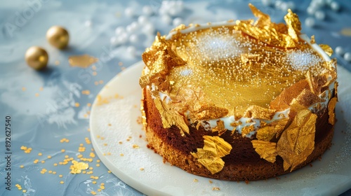 Wallpaper Mural luxurious gold leaf cake with a hint of edible glitter, presented on a soft powder blue backdrop Torontodigital.ca