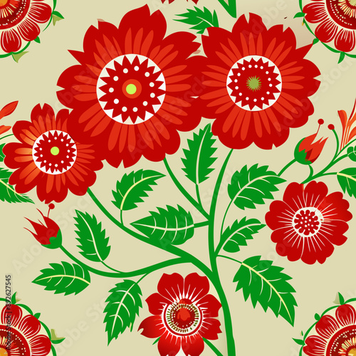 Embroidered red flowers. Vector concept