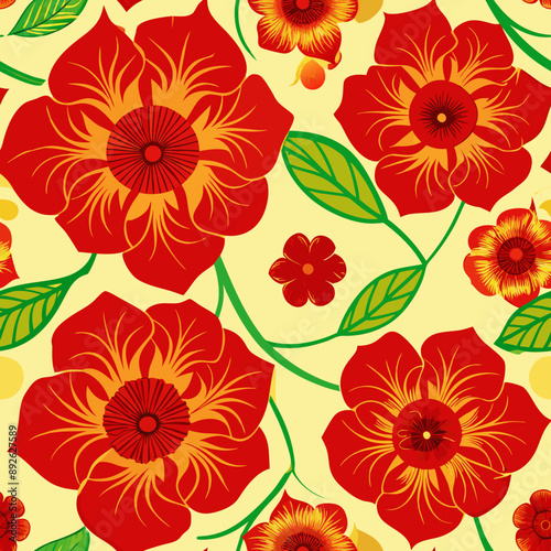 Embroidered red flowers. Vector concept