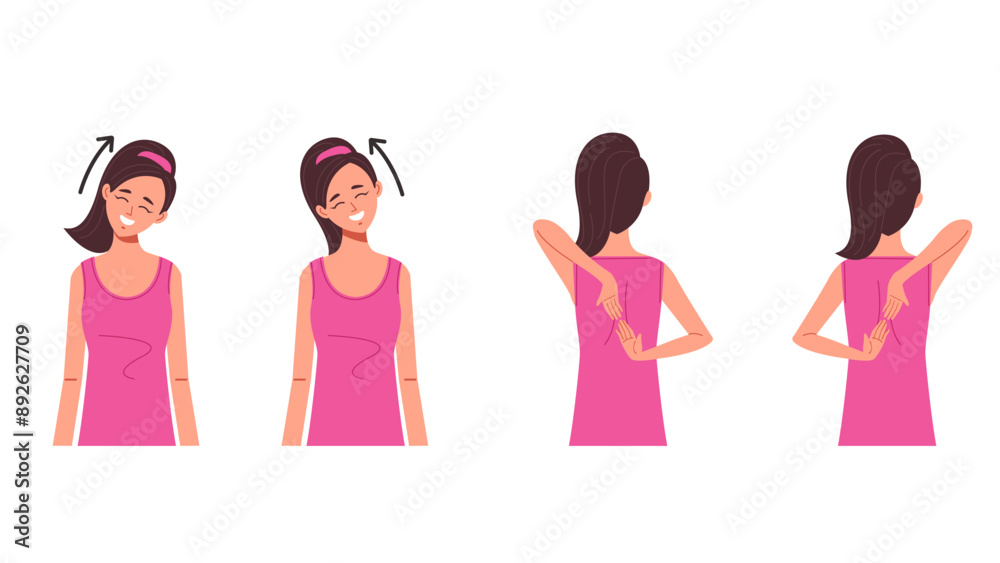 Neck shoulder spine exercise isolated set. Vector flat graphic design element illustration Neck shoulder spine exercise isolated set. Vector flat graphic design element illustration