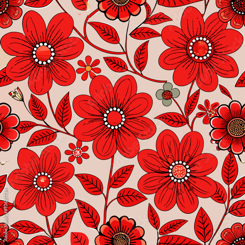 Embroidered red flowers. Vector concept
