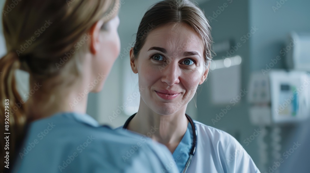 Fototapeta premium Close-up nurse portrait of a nurse comforting a patient in a clinic.