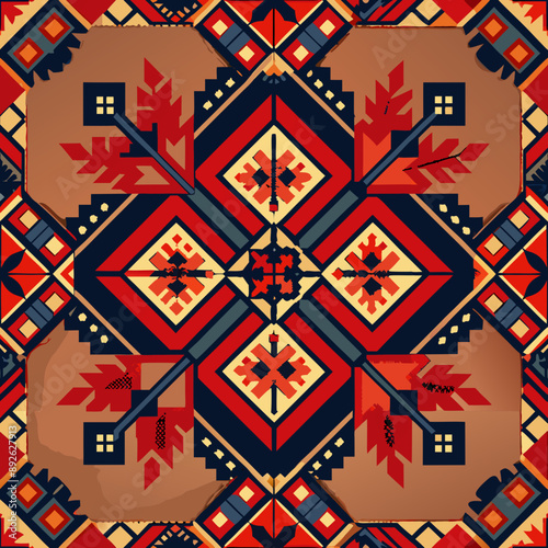 flower embroidery on cream background. ikat and cross stitch geometric seamless pattern ethnic oriental traditional. Aztec style illustration design for carpet, wallpaper, clothing, wrapping, batik