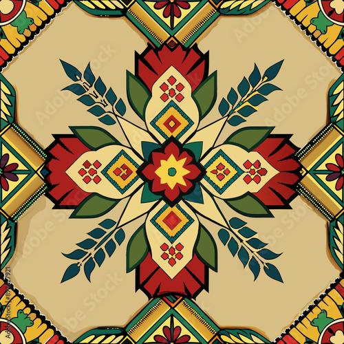 flower embroidery on cream background. ikat and cross stitch geometric seamless pattern ethnic oriental traditional. Aztec style illustration design for carpet, wallpaper, clothing, wrapping, batik