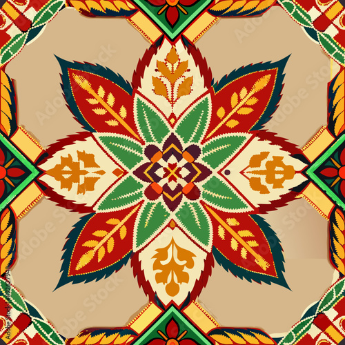 flower embroidery on cream background. ikat and cross stitch geometric seamless pattern ethnic oriental traditional. Aztec style illustration design for carpet, wallpaper, clothing, wrapping, batik