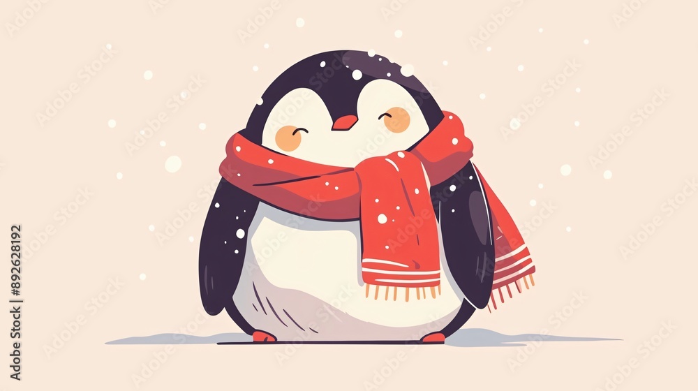 Fototapeta premium Cute Flat Art Style Penguin Wearing Red Scarf on Isolated Background