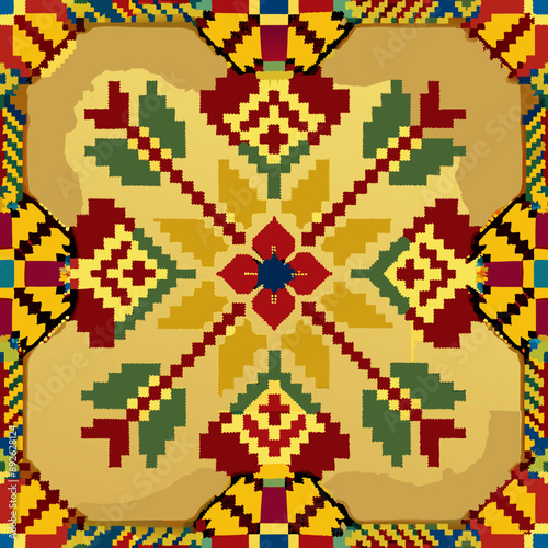flower embroidery on cream background. ikat and cross stitch geometric seamless pattern ethnic oriental traditional. Aztec style illustration design for carpet, wallpaper, clothing, wrapping, batik