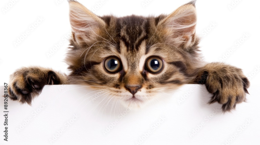 A playful tabby kitten looks at the camera with curious eyes and outstretched paws as it peeks over a white surface