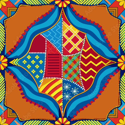 embroidered pattern. Wavy bohemian print. Patchwork ornament