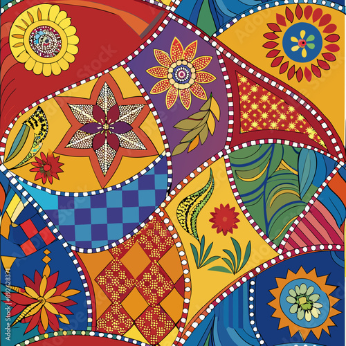 embroidered pattern. Wavy bohemian print. Patchwork ornament