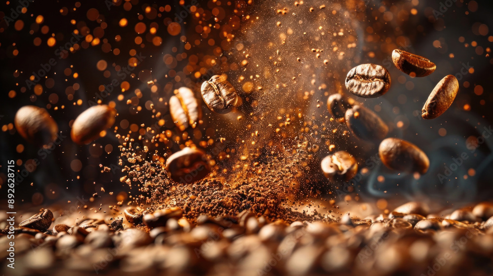 Close-up of Roasted coffee beans falling on heap against brown background. Close-up of Roasted coffee beans falling on heap against brown background.