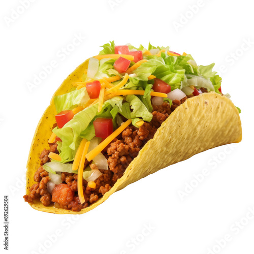 Isolated Taco Filled with Meat, Lettuce, Tomatoes, and Cheese