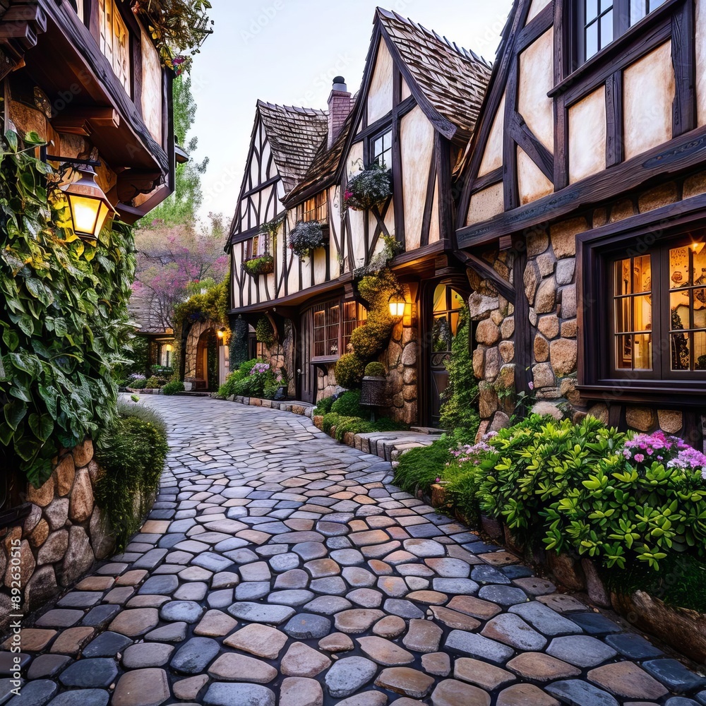 Obraz premium Enchanted Fantasy Village Quaint Cottages and Cobblestone Streets in a Magical Landscape