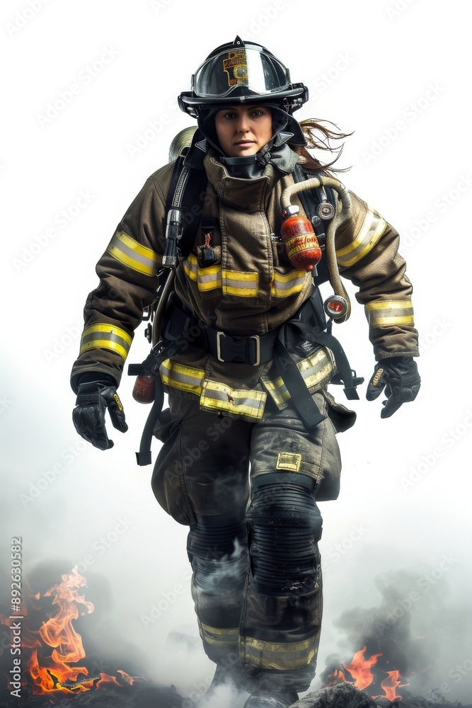 Fototapeta premium A courageous female firefighter, fully equipped, rushes into a burning building to save a life. Flames engulf the structure as she disappears into the smoke.
