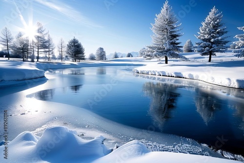 Enchanting Winter Wonderland SnowCovered Trees and a Glimmering Frozen Pond in a Serene Landscape