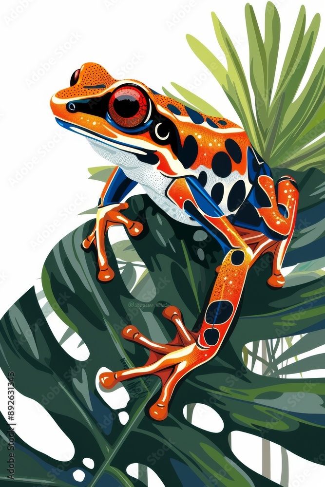 A brightly colored frog sits on a large leaf in a lush tropical rainforest, surrounded by dense foliage. The frog's vibrant skin glistens in the dappled light. A brightly colored frog sits on a large leaf in a lush tropical rainforest, surrounded by dense foliage. The frog's vibrant skin glistens in the dappled light.