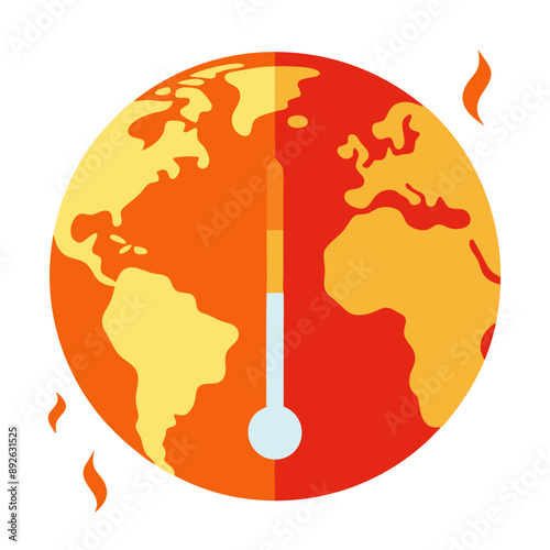 globe, earth temperature rise, cartoon world in hot colours with termometer