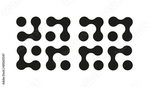 Metaball icons. Connected dots symbols. Abstract circles patterns. Design elements, template. Logotype. Graphic illustration isolated on a white background.