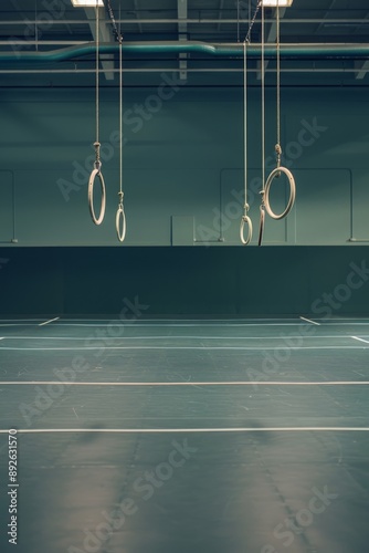 An empty gymnastics arena, with the mats rolled up and the rings hanging limply from the ceiling.  photo