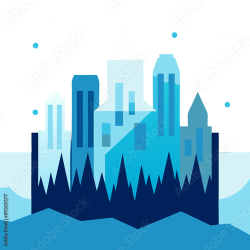 skyline depicts city flooded, underwater, snow