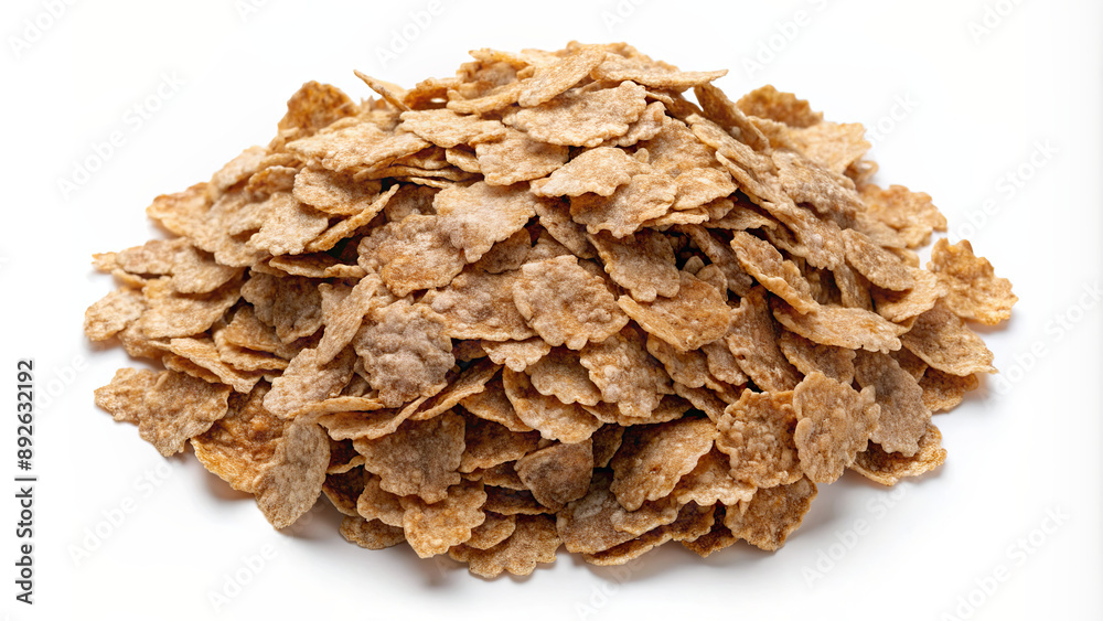 A pile of whole grain cereal flakes on a white surface A pile of whole grain cereal flakes on a white surface