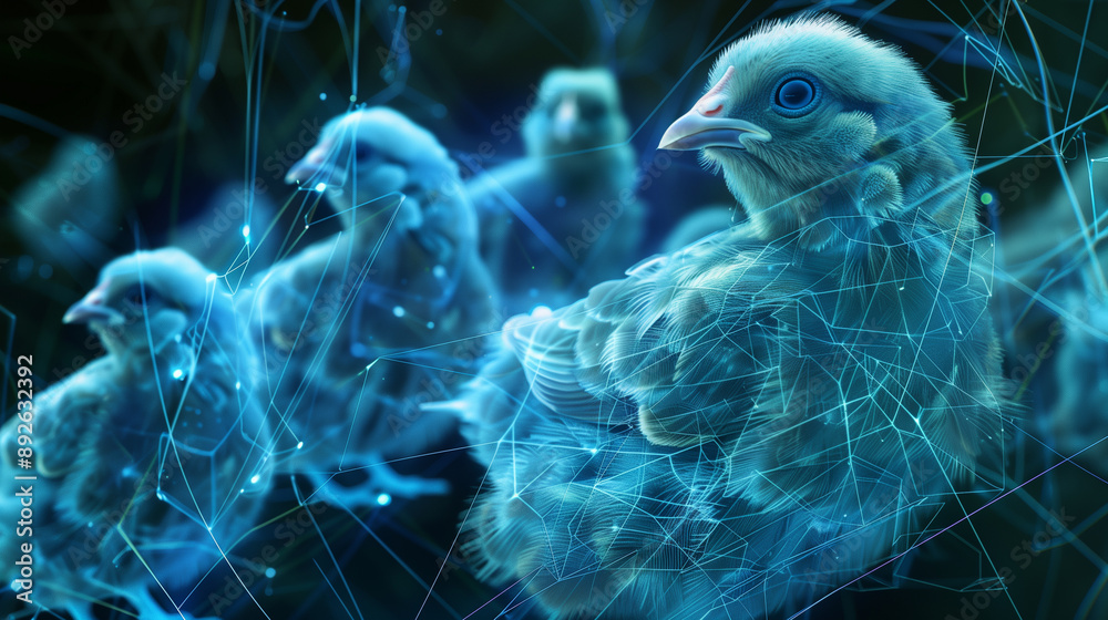 Obraz premium Digital illustration of chicks with blue network overlays.