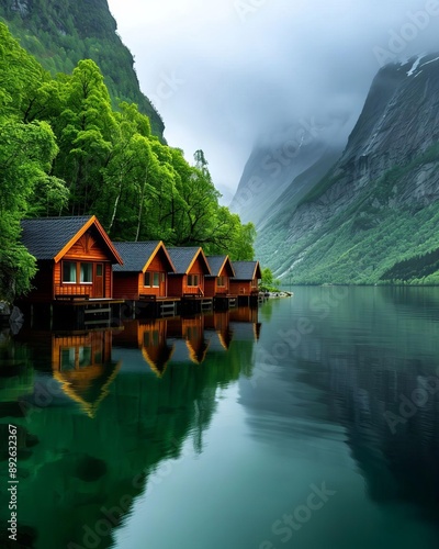 Serene Beauty of a Traditional Norwegian Village Wooden Houses Nestled by a Majestic Fjord