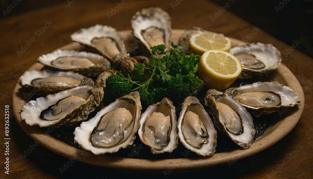 A platter of fresh oysters arranged on a wooden plate, accompanied by lemon wedges and parsley A platter of fresh oysters arranged on a wooden plate, accompanied by lemon wedges and parsley