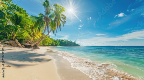 Beach with palm trees, blue sea, and bright sun, ideal for tourism campaigns