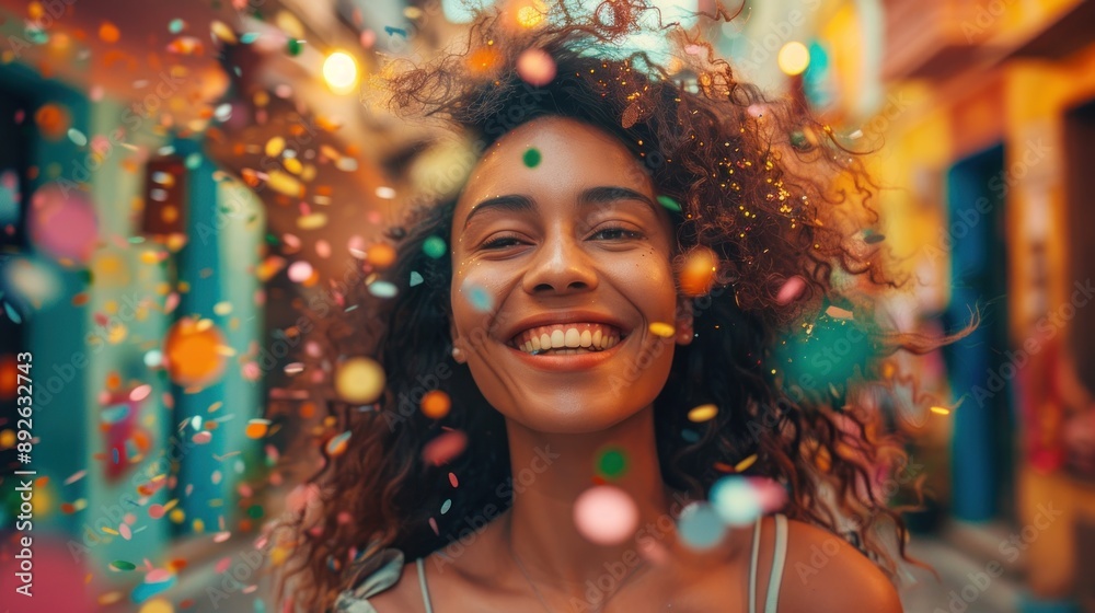 A woman with curly hair is smiling and surrounded by colorful confetti A woman with curly hair is smiling and surrounded by colorful confetti