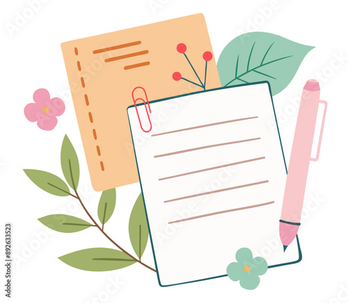 Hand drawn paper sheets of notebook plants and flowers. Wish list template. Pastel color stationery. Cartoon style vector illustration.