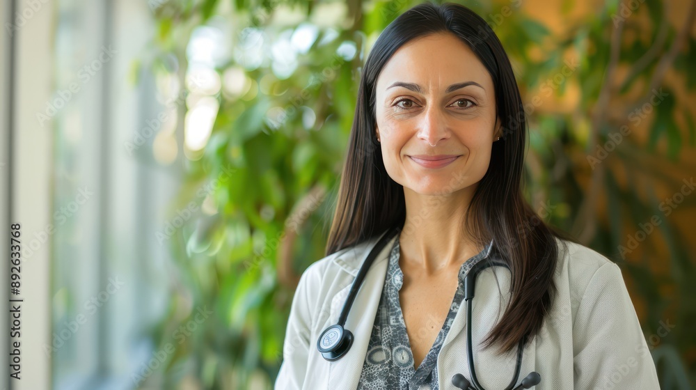 Female portrait of a doctor with a stethoscope around her neck, smiling. Female portrait of a doctor with a stethoscope around her neck, smiling.