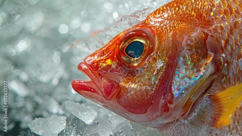 Close-up of a vibrant fish lying on crushed ice, showcasing its glistening scales and clear, bright eyes