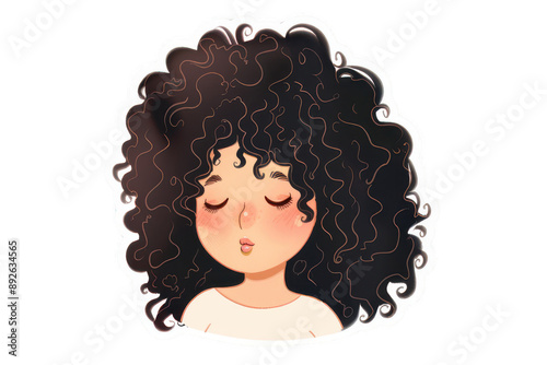 curly girl closeup eyes clipart, boho girl clipart, black hair curly hair illustration, girl face clipart, cartoon girl clipart, calm girl clipart, closed eyes girl 