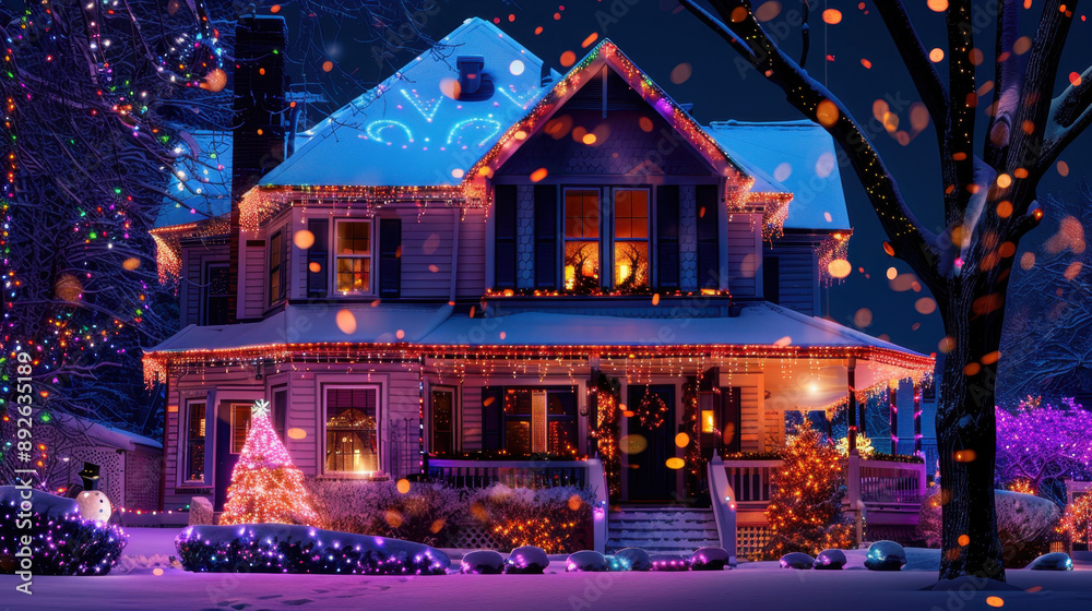 Fototapeta premium Festively decorated house with colorful lights and a Christmas tree on a snowy night, creating a warm holiday atmosphere