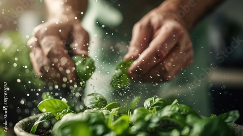 Hands are gently caring for a basil plant, covered with water droplets, symbolizing nurture and growth, in a kitchen setting, representing home gardening love.