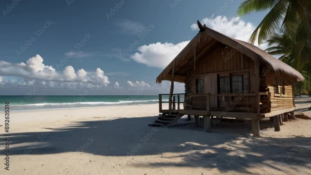 beautiful wooden cabin located on the edge of a white sand beach with a few coconut trees