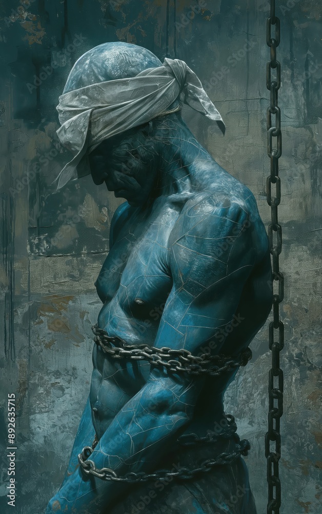 a blue man chained to a wall