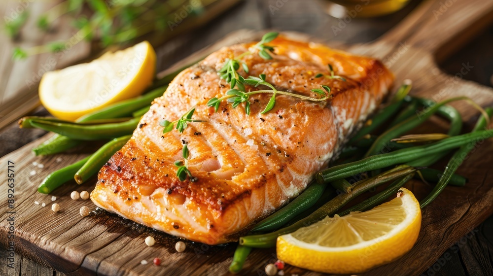 Delicious seared salmon steak paired with green beans and lemon wedges on a wooden table, perfect for highlighting a gourmet meal Delicious seared salmon steak paired with green beans and lemon wedges on a wooden table, perfect for highlighting a gourmet meal