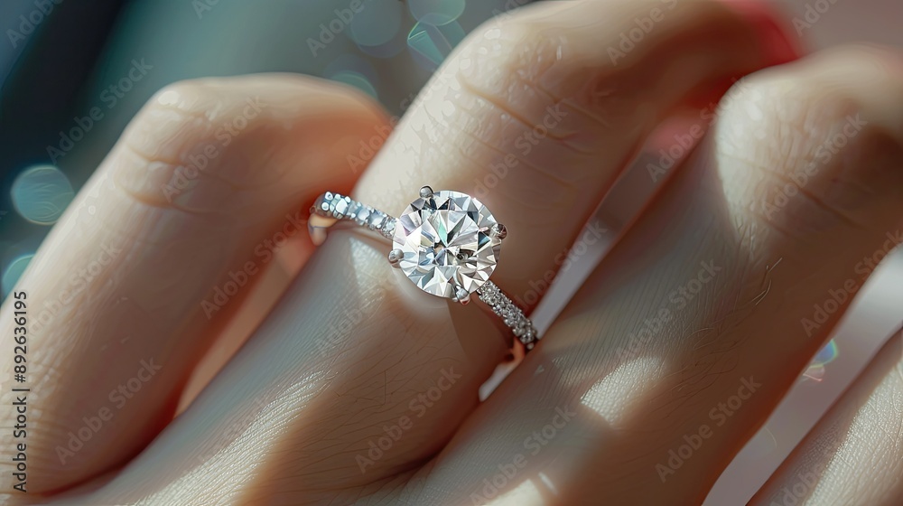 Diamond jewelry on a woman's ring finger, captured elegantly for corporate posters and advertising Diamond jewelry on a woman's ring finger, captured elegantly for corporate posters and advertising