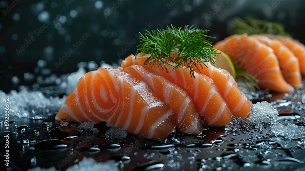 Elegant display of salmon sashimi on a dark background, showcasing the freshness and sophistication of Asian cuisine Elegant display of salmon sashimi on a dark background, showcasing the freshness and sophistication of Asian cuisine