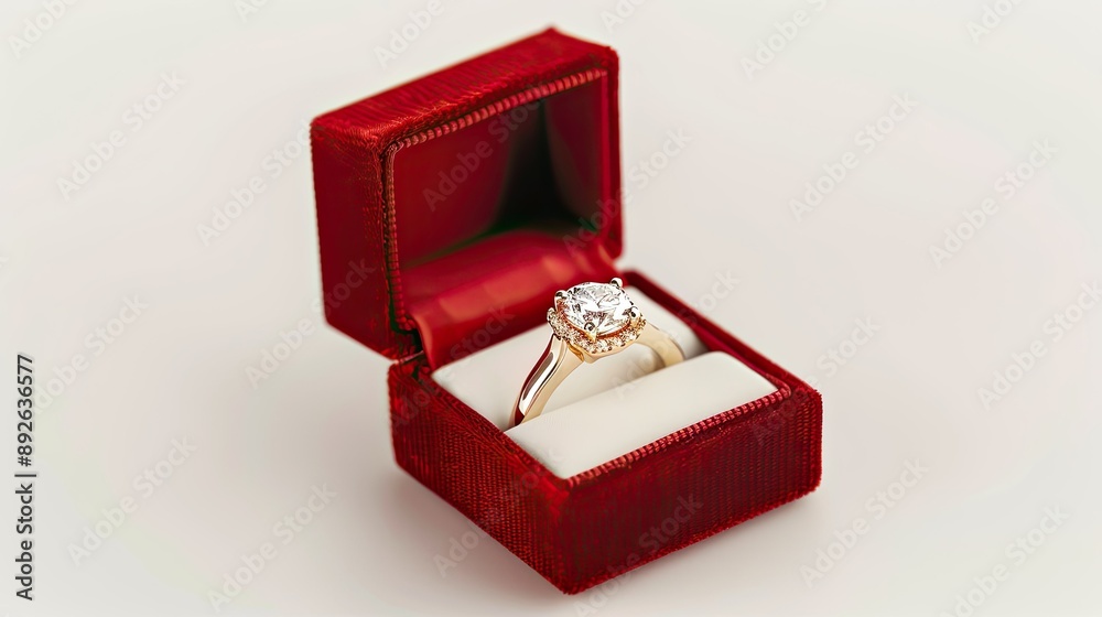 Elegant gold engagement ring with large diamond in red velvet box, isolated on white, perfect for proposal ads Elegant gold engagement ring with large diamond in red velvet box, isolated on white, perfect for proposal ads
